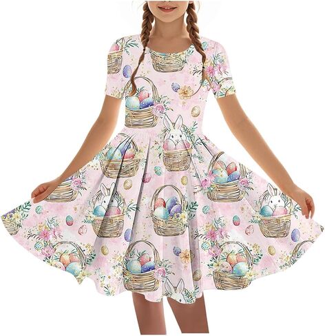 Easter Dress Girls Trendy Printed Short Sleeve Round Neck Mini Dresses Ballet Tutu Flowy A-Line Sundress Size 4-14 in Saudi Arabia