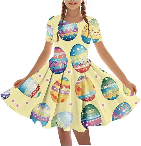 Easter Dress Girls Trendy Printed Short Sleeve Round Neck Mini Dresses Ballet Tutu Flowy A-Line Sundress Size 4-14 in Saudi Arabia