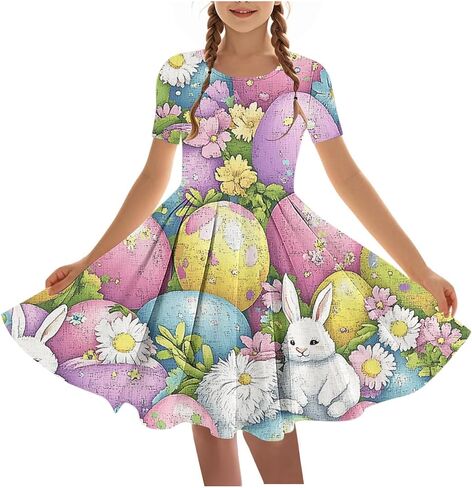 Easter Dress Girls Trendy Printed Short Sleeve Round Neck Mini Dresses Ballet Tutu Flowy A-Line Sundress Size 4-14 in Saudi Arabia