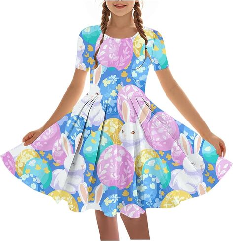 Easter Dress Girls Trendy Printed Short Sleeve Round Neck Mini Dresses Ballet Tutu Flowy A-Line Sundress Size 4-14 in Saudi Arabia