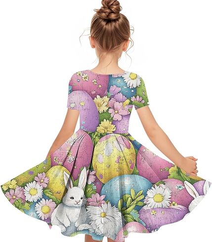 Easter Dress Girls Trendy Printed Short Sleeve Round Neck Mini Dresses Ballet Tutu Flowy A-Line Sundress Size 4-14 in Saudi Arabia