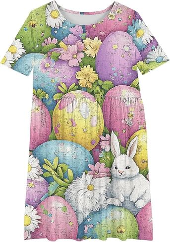 Easter Dress Girls Trendy Printed Short Sleeve Round Neck Mini Dresses Ballet Tutu Flowy A-Line Sundress Size 4-14 in Saudi Arabia