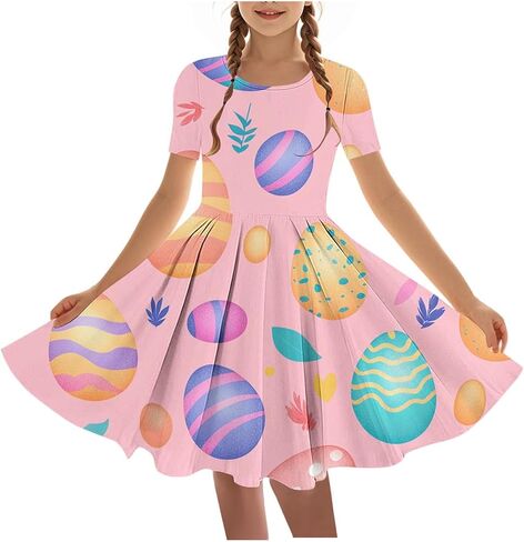 Easter Dress Girls Trendy Printed Short Sleeve Round Neck Mini Dresses Ballet Tutu Flowy A-Line Sundress Size 4-14 in Saudi Arabia
