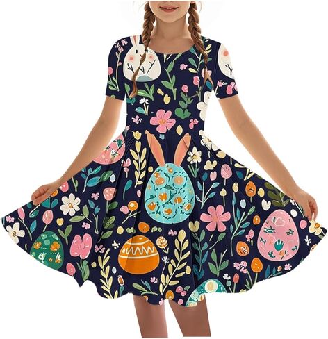 Easter Dress Girls Trendy Printed Short Sleeve Round Neck Mini Dresses Ballet Tutu Flowy A-Line Sundress Size 4-14 in Saudi Arabia