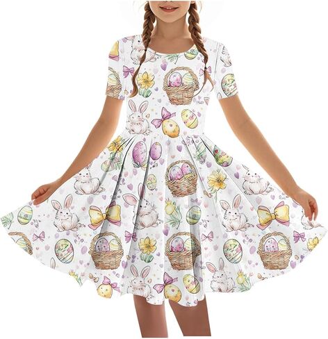 Easter Dress Girls Trendy Printed Short Sleeve Round Neck Mini Dresses Ballet Tutu Flowy A-Line Sundress Size 4-14 in Saudi Arabia