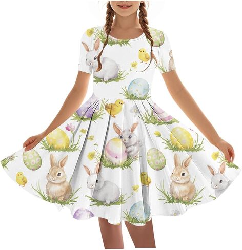 Easter Dress Girls Trendy Printed Short Sleeve Round Neck Mini Dresses Ballet Tutu Flowy A-Line Sundress Size 4-14 in Saudi Arabia