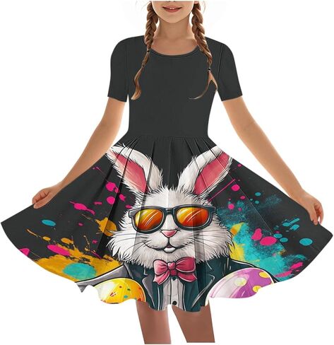Easter Dress Girls Trendy Printed Short Sleeve Round Neck Mini Dresses Ballet Tutu Flowy A-Line Sundress Size 4-14 in Saudi Arabia