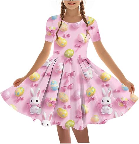 Easter Dress Girls Trendy Printed Short Sleeve Round Neck Mini Dresses Ballet Tutu Flowy A-Line Sundress Size 4-14 in Saudi Arabia