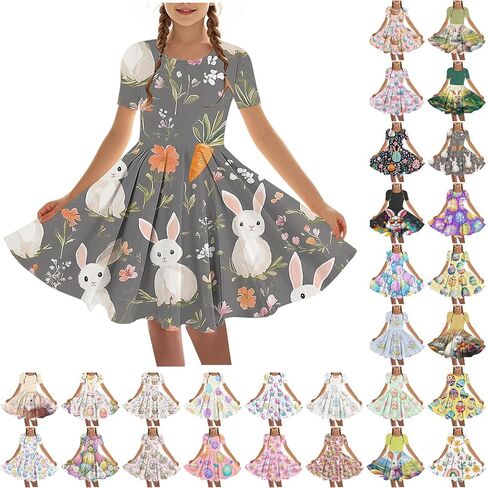 Easter Dress Girls Trendy Printed Short Sleeve Round Neck Mini Dresses Ballet Tutu Flowy A-Line Sundress Size 4-14 in Saudi Arabia