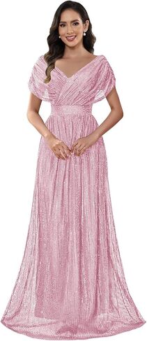 Sequin Long Mother of The Bride Dresses for Women V Neck Cap Sleeve Evening Gowns Sparkly Prom Dress in Kuwait