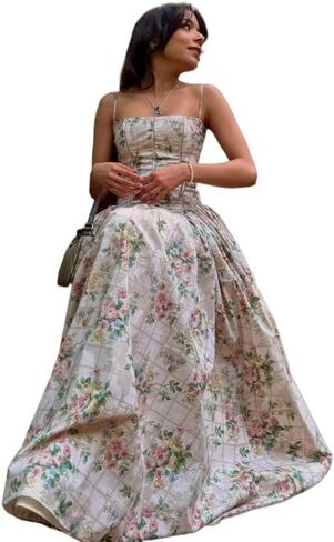 Women's Spaghetti Strap Maxi Dinner Party Dress Elegant Floral Print Holiday Dress 2025 in Saudi Arabia