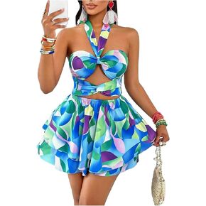 SweatyRocks Women's Summer Vacation Halter Romper Twist Cut Out Wide Leg Ruffle Shorts Flowy Jumpsuit in Saudi Arabia