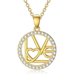 14K Gold LOVE Necklaces for Women Girls,Real Gold Round Circle Pendant Necklace Love You Forever Jewelry Gifts Birthday Christmas 16+1+1 inch in Saudi Arabia