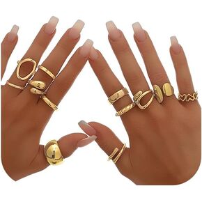 12Pcs Gold Chunky Rings 18K Gold Plated Stackable Open Knuckle Ring Set Hollow Heart Twist Croissant Dome Band Statement Finger Rings for Women Gold Silver Tone Adjustable in Kuwait