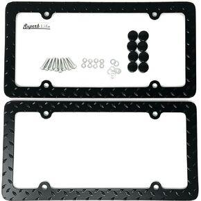 Universal Heavy Duty Metal Diamond Plate Plated License Plate Frame Cool Decorative Design License Plate Frame with Screws Caps, Set of 2 for Any Vehicle (Black) in Kuwait