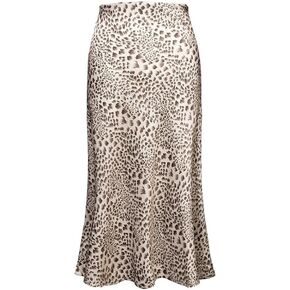 Womens Leopard Print Skirt Midi Long Length Silk Satin High Waist Elastic Skirts in Kuwait