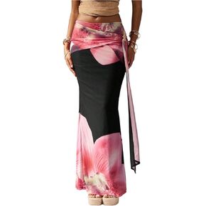Women's Floral Mesh Maxi Skirts Low Waist Fishtail Bodycon Going Out Skirts in Kuwait