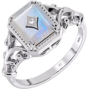 Elammo حقيقية الأوجه قوس قزح القمر حجر القمر 925 الفضة الاسترليني خاتم للنساء آرت ديكو أصيلة الأحجار الكريمة خمر خطوبة وعد اقتراح خاتم هدية لها in Kuwait