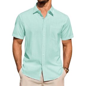 قمصان كتان للرجال بأكمام قصيرة وأزرار سفلية، قميص كاجوال قطني للشاطئ صيفي بياقة مع جيب in Kuwait
