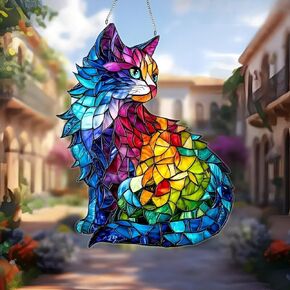 1PC Colorful Cat Acrylic Suncatcher Hanging, 7.08 inch Window Decor with Printed Stained Glass Style Design, Rainbow Maker Wall Art, Gift Idea & Garden Ornament Indoor Outdoor Use in Kuwait