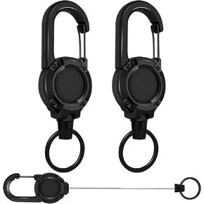Retractable Keychain 2 Piece Heavy Duty Carabiner Badge Holder Retractable Badge Reel Key Ring Key Holder for 8.0 oz with 24" Steel Cord Lanyard Clip (Black) in Saudi Arabia