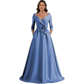 فساتين أم العروس من الساتان للنساء بدون أكتاف وأكمام طويلة فستان رسمي لحفلات الزفاف مع جيوب in Kuwait