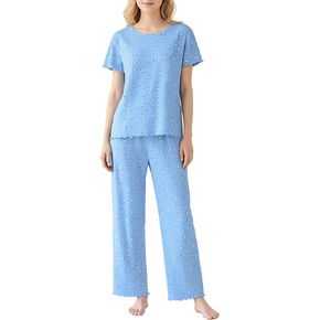 EUZ Pointelle Ditsy Floral Pajama Set for Women - 2 Piece Short Sleeve & Wide Leg Loungewear Pants Size XS - XXL in Saudi Arabia