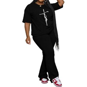 PINSV Womens Plus Size Sets 2 Piece Outfits Casual Short Sleeve Top and Flare Pants Tracksuit in Saudi Arabia