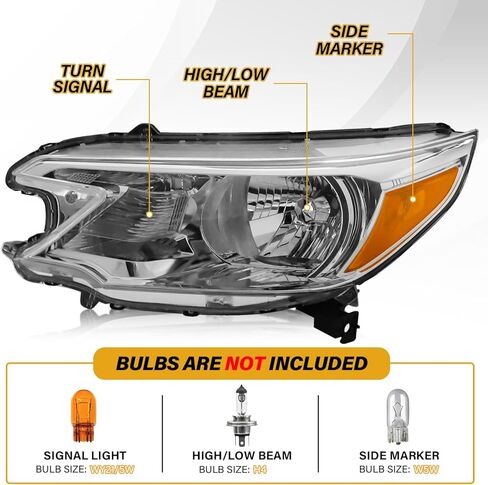 Headlight Assembly Compatible with Honda CR-V 2012 2013 2014 Halogen Type, Pair Set of OE-Style CRV Headlamp Replacements for 33100T0AA01 33150T0AA01, W/O Bulbs, Chrome Housing Amber Reflector in Saudi Arabia