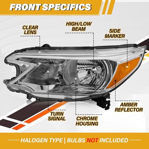 Headlight Assembly Compatible with Honda CR-V 2012 2013 2014 Halogen Type, Pair Set of OE-Style CRV Headlamp Replacements for 33100T0AA01 33150T0AA01, W/O Bulbs, Chrome Housing Amber Reflector in Saudi Arabia
