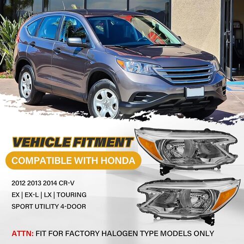 Headlight Assembly Compatible with Honda CR-V 2012 2013 2014 Halogen Type, Pair Set of OE-Style CRV Headlamp Replacements for 33100T0AA01 33150T0AA01, W/O Bulbs, Chrome Housing Amber Reflector in Saudi Arabia