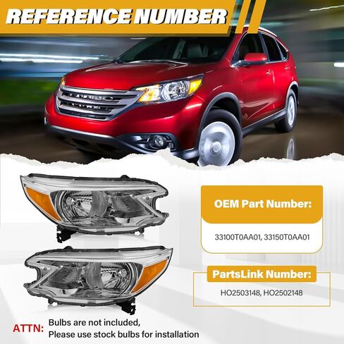Headlight Assembly Compatible with Honda CR-V 2012 2013 2014 Halogen Type, Pair Set of OE-Style CRV Headlamp Replacements for 33100T0AA01 33150T0AA01, W/O Bulbs, Chrome Housing Amber Reflector in Saudi Arabia