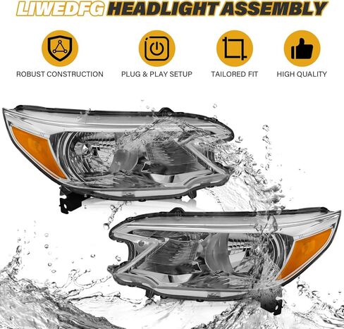 Headlight Assembly Compatible with Honda CR-V 2012 2013 2014 Halogen Type, Pair Set of OE-Style CRV Headlamp Replacements for 33100T0AA01 33150T0AA01, W/O Bulbs, Chrome Housing Amber Reflector in Saudi Arabia