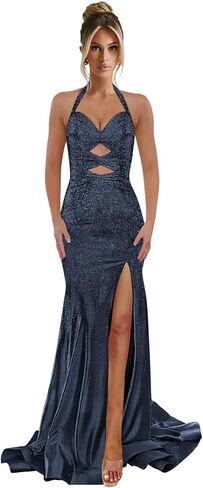 Halter Sequin Prom Dresses for Women Mermaid Long Evening Maxi Dress Sparkly Ball Gown with Slit in Kuwait