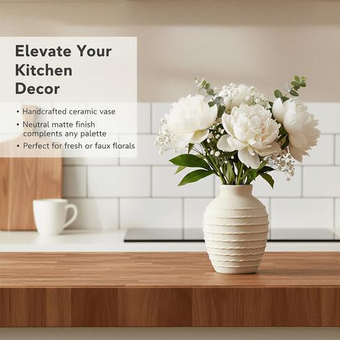 مزهرية سيراميك بيضاء صغيرة مقاس 6.6 بوصة، مزهرية زخرفية لبيت المزرعة بوهو لقطعة الطاولة المركزية، الرف، ديكور غرفة المعيشة in Kuwait