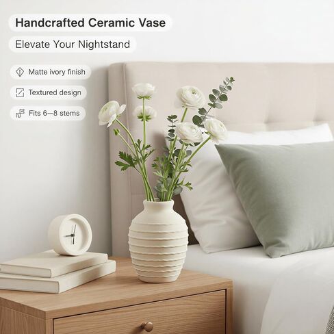 مزهرية سيراميك بيضاء صغيرة مقاس 6.6 بوصة، مزهرية زخرفية لبيت المزرعة بوهو لقطعة الطاولة المركزية، الرف، ديكور غرفة المعيشة in Kuwait
