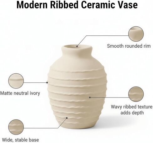 مزهرية سيراميك بيضاء صغيرة مقاس 6.6 بوصة، مزهرية زخرفية لبيت المزرعة بوهو لقطعة الطاولة المركزية، الرف، ديكور غرفة المعيشة in Kuwait