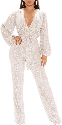 ECDAHICC Women's Sexy Sequins Sparkling Jumpsuits Deep V Neck Long Sleeve Shiny Belted Wide Leg Pants Romper Clubwear in Saudi Arabia