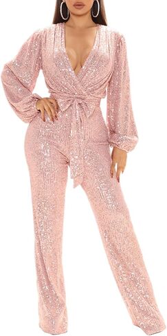 ECDAHICC Women's Sexy Sequins Sparkling Jumpsuits Deep V Neck Long Sleeve Shiny Belted Wide Leg Pants Romper Clubwear in Saudi Arabia