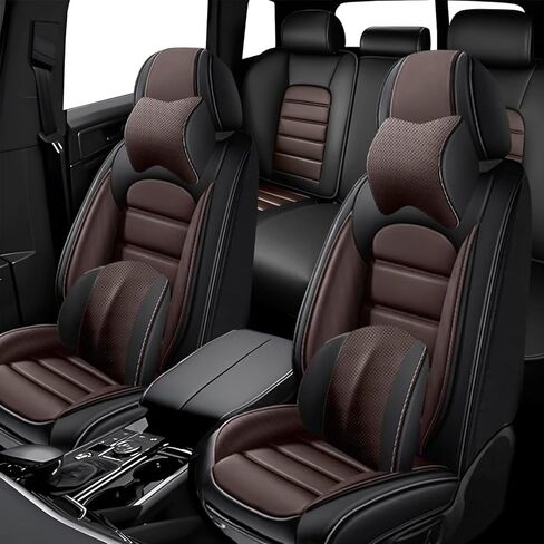 5 أغطية مقاعد لسيارة Ford Crown Victoria 2007-2011 أغطية مقاعد سيارة جلدية مقاومة للماء ومضادة للانزلاق وأغطية مقاعد السيارة الفاخرة مع وسادة هوائية (فاخرة، أسود + قهوة) in Kuwait