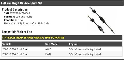 مجموعة عمود محور السيرة الذاتية الأمامية مكونة من 2 - متوافقة مع 2009-2014 Ford Flex 3.5L V6 التي تستنشق بشكل طبيعي AWD/FWD in Kuwait