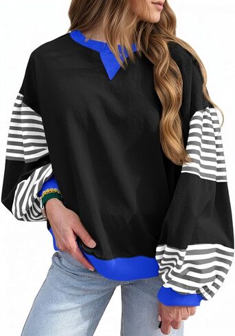 Fisoew Womens Color Block Oversized Sweatshirt Casual Lantern Long Sleeve Crewneck Striped Pullover Tops Fall Outfits Black in Saudi Arabia