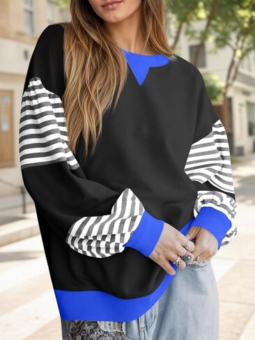 Fisoew Womens Color Block Oversized Sweatshirt Casual Lantern Long Sleeve Crewneck Striped Pullover Tops Fall Outfits Black in Saudi Arabia