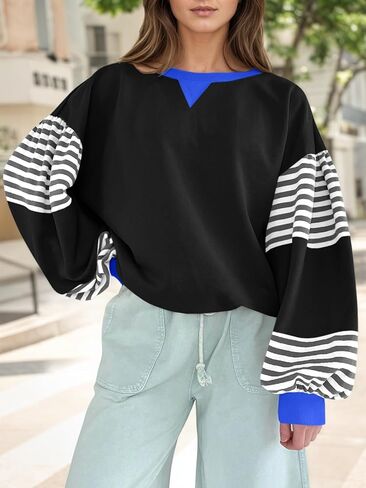 Fisoew Womens Color Block Oversized Sweatshirt Casual Lantern Long Sleeve Crewneck Striped Pullover Tops Fall Outfits Black in Saudi Arabia