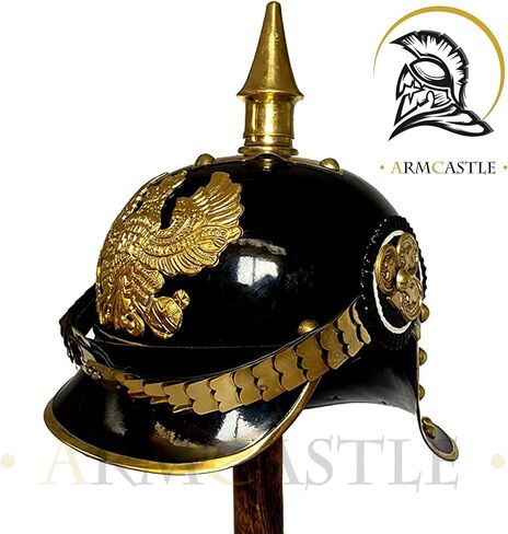 خوذة WW1 & WW2 الألمانية البروسية Pickelhaube خوذة نحاسية للضابط الإمبراطوري سبايك خوذة باللون الأسود | أزياء العصور الوسطى درع SCA LARP in Kuwait