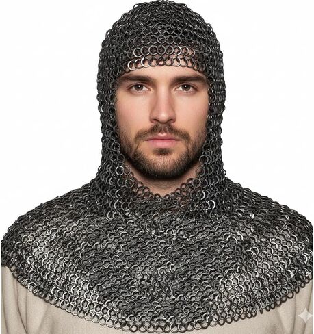 Chainmail Coif، 9 مم مثبتة بشكل مسطح مع حلقات غسيل مسطحة، تصميم غطاء رأس على شكل حرف U، زي العصور الوسطى، مقاس البالغين أسود in Saudi Arabia