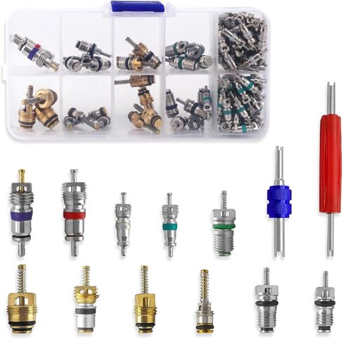 102PCS Car Air Conditioning Valve Core Seal Kit, Double Head Dual Removal Install Tool, A/C R12 R134a Refrigeration Tire Valve Stem Cores Dismantling Tool Assortment Kit in Saudi Arabia