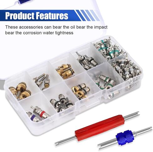 102PCS Car Air Conditioning Valve Core Seal Kit, Double Head Dual Removal Install Tool, A/C R12 R134a Refrigeration Tire Valve Stem Cores Dismantling Tool Assortment Kit in Saudi Arabia