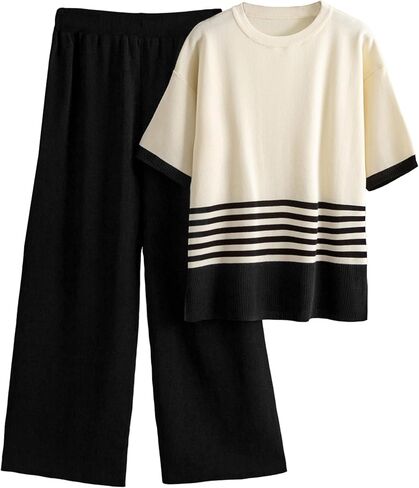 Tanming Womens 2 Piece Lounge Set Striped Short Sleeve Top Wide Leg Pants Knit Sets Loose Fit Travel Outfits in Saudi Arabia