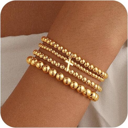 Gold Beaded Bracelets Set for Women - Valentines Gifts for Her 14k Gold-Plated Dainty Round Bead Cross Bracelet for Women Gifts Stackable Bracelet Jewelry 4 PCS in Saudi Arabia